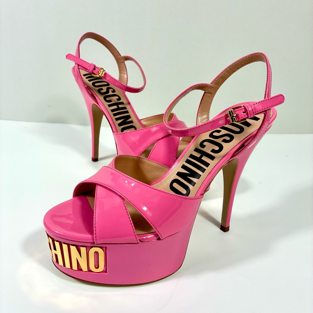 Moschino Logo Leather Platform Stiletto Sandals Heels Pink Gold NEW